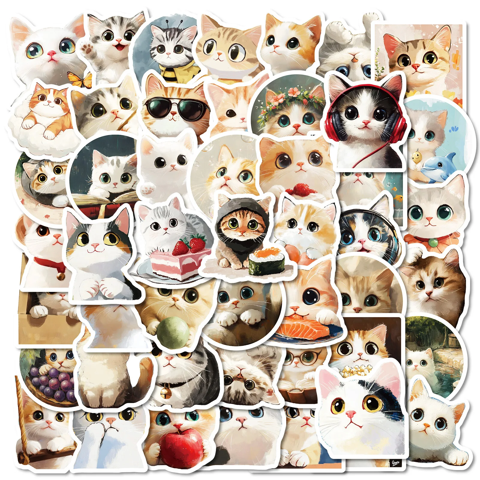 

10/50PCS Kawaii Oil Painting Round Face Cat Sticker Cute Animal Decals Notebook Phone Laptop Diary Decoration Sticker Kids Toy