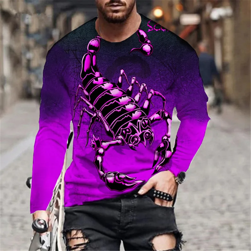 Long Sleeve Round-Neck Fashion Animal Pattern Men\'s T-Shirts Scorpion 3D Print Streetwear Pullovers Tops Loose Casual Man Tees