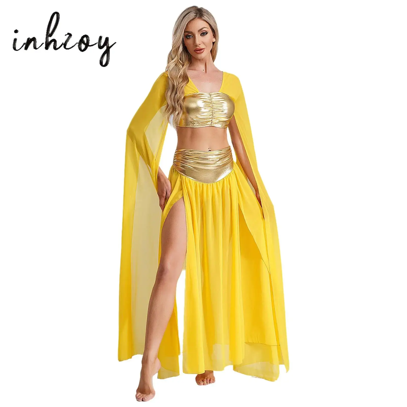 

2Pcs Women Halloween Ancient Rome Egyptian Cleopatra Cosplay Costume Crop Top+Split Chiffon Skirt Set Carnival Party Costume