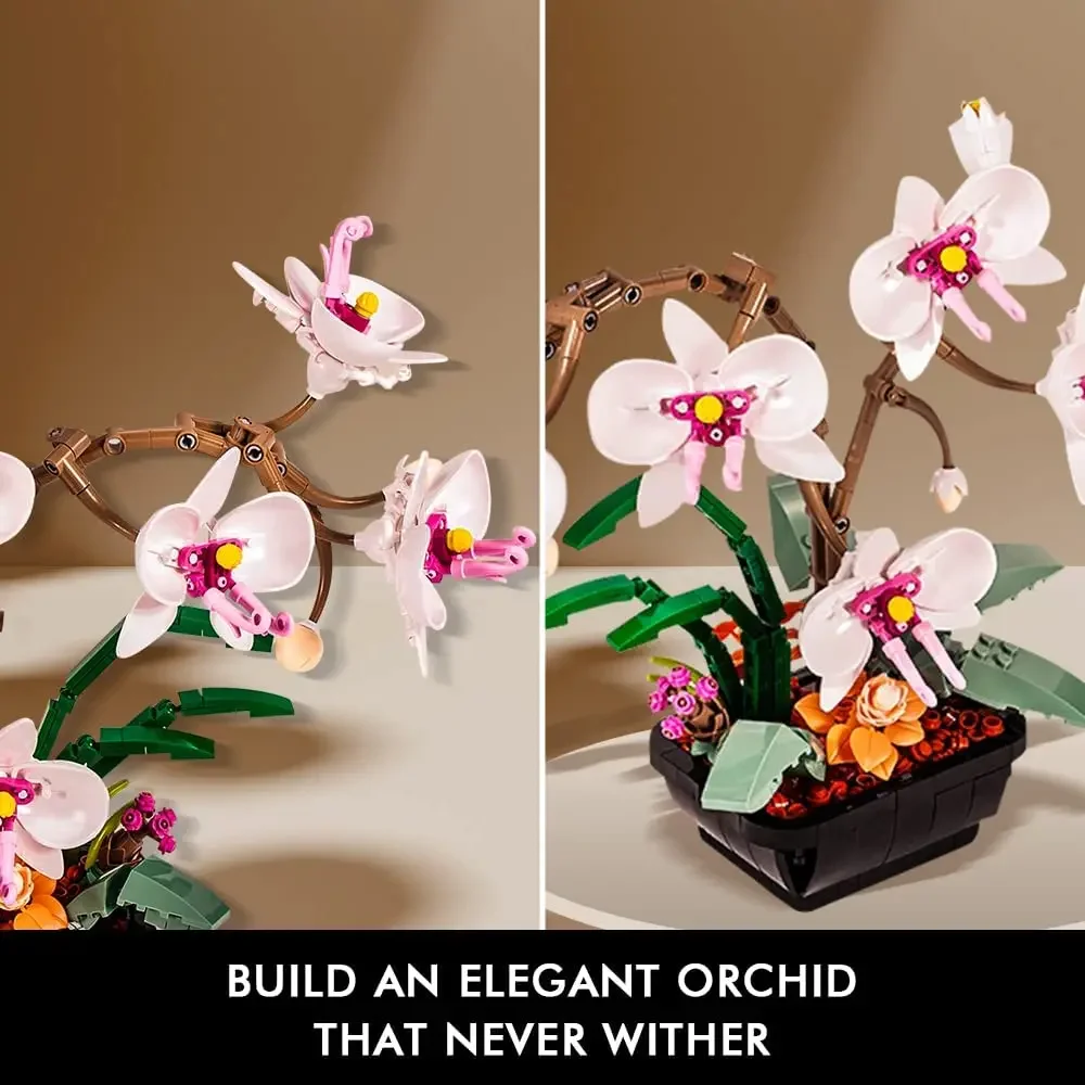 Orchidフラワービルディングブロックキット、クリエイティブなボタニカルコレクションデコレーション、人工植物、盆栽ディスプレイ、家の装飾