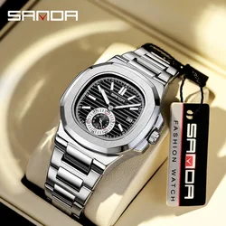 Sanda 7020 Unique Design Dial Stainless Steel Strap Japan Quartz Movement Waterproof  Business Men Elegant Calendar Wrist Watch