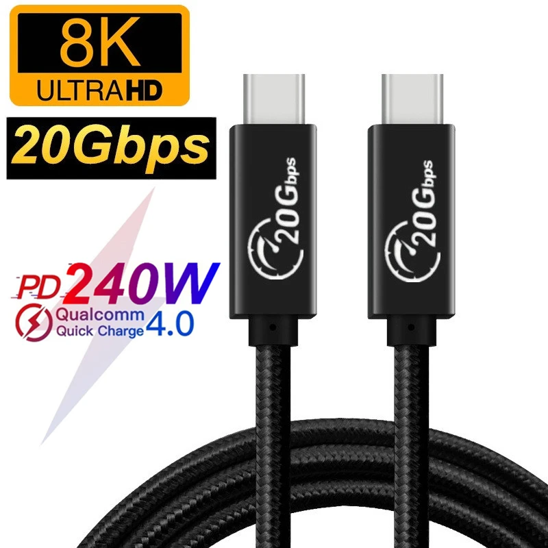 USB C to USB C Cable 20Gbps 240W Cable 4K@60Hz Video Monitor PD240W 100W QC4.0 Fast Charger USB C Gen2 Cable 20Gbps for MacBook