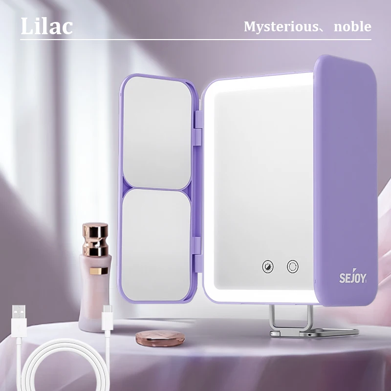 SEJOY Espejo de maquillaje con luces, espejo de aumento 1X 3X 7X, control táctil, espejo de maquillaje triple, espejo de maquillaje LED portátil