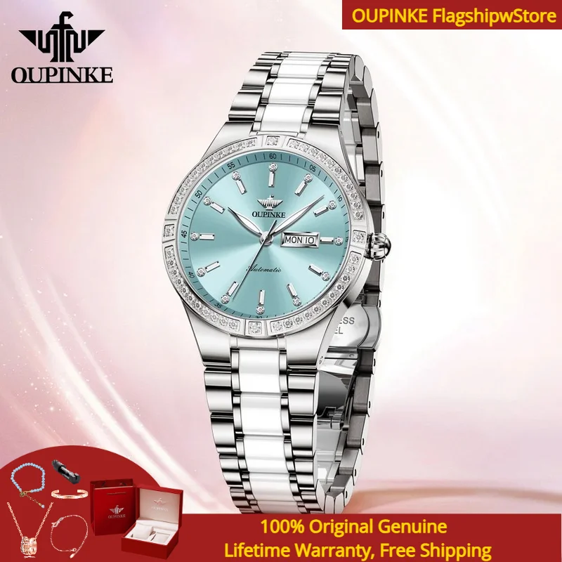 

OUPINKE 3283 All Automatic Women Mechanical Watch High Luxury Diamond bezel Ceramic Waterproof Women Elegant Dress Bracelet Set