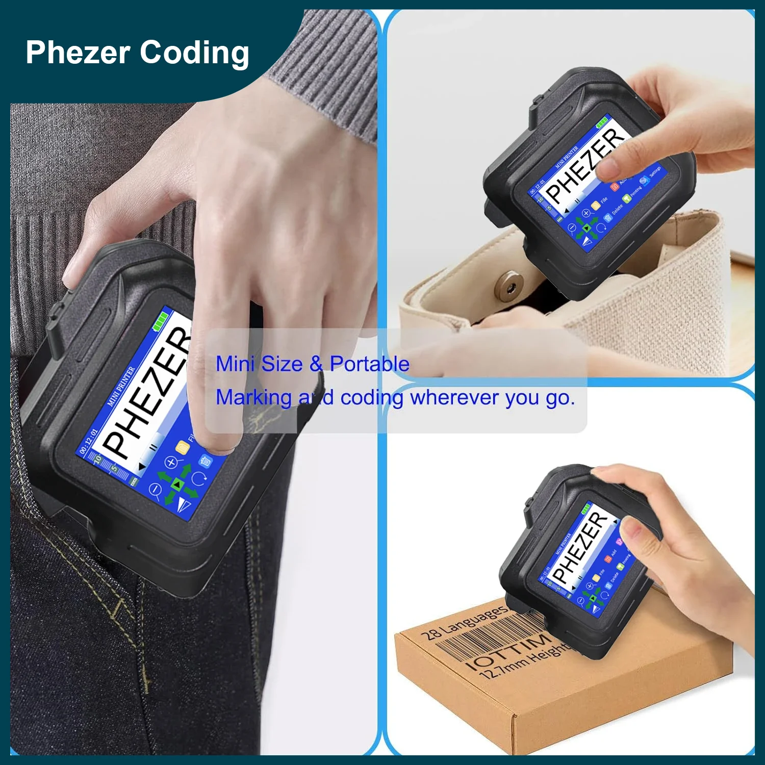 

Портативный струйный принтер Phezer PC98-Plus, мини-принтер, 28-язычный ручной принтер, QR-бар, дата истечения срока годности, код, дата, логотип