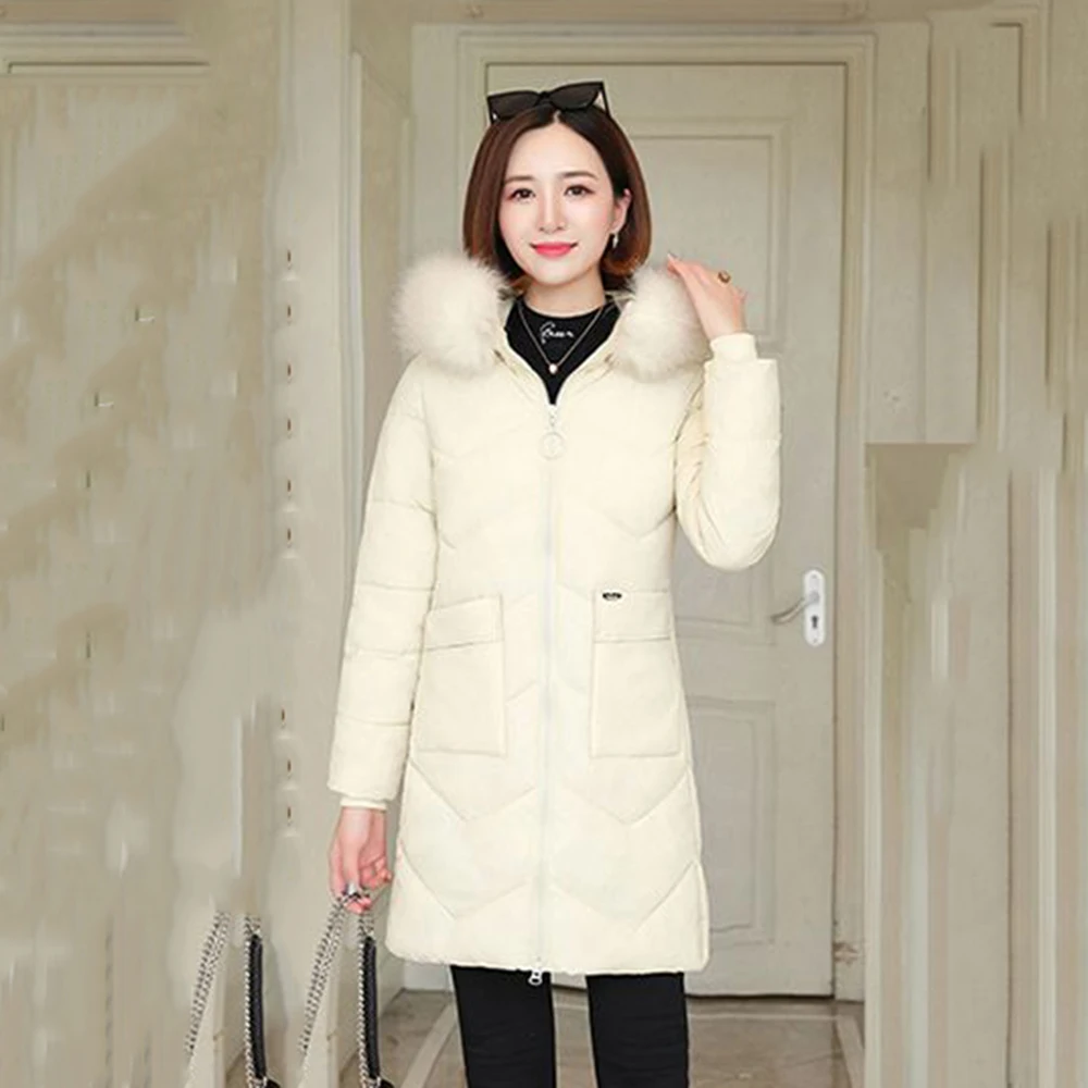 New  Hooded Slim Big Fur Collar Long Cotton-padded Women Windproof Warm Fashion Joker Cotton-padded Jacket Coat Female Tide.