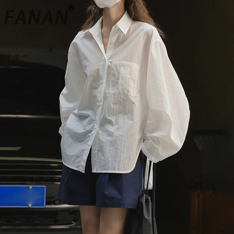 

FANAN Women's Shirts Lapel Single Breasted Solid Loose Blouses Office Lady Temperament Sunscreen Tops Female 2025 Summer New