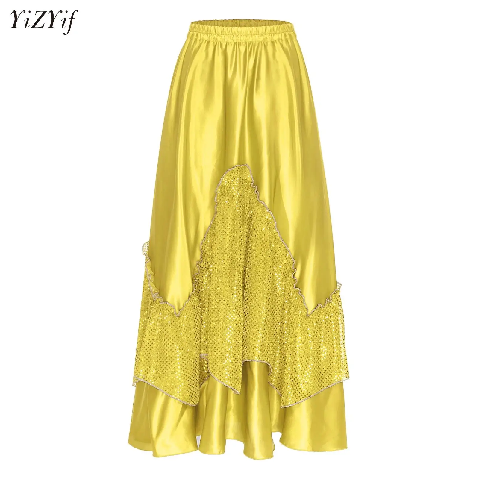 Zigeunerin Spanischer Flamenco-Rock Erwachsene Pailletten Satin Glatte große Schaukel Karneval Party Ballsaal Bauchtanz Kostüme Kleid