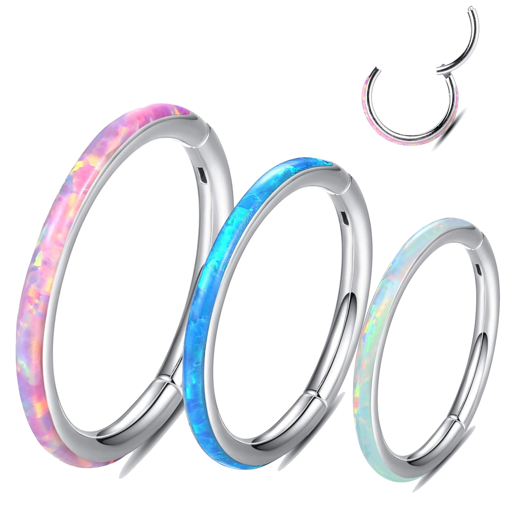 Opal Hinged Nose Ring Hoop Women Septum Hoop Ring Tragus Rook Ring Piercing Jewelry Lip Labret Ring Clicker Cartilage Earrings