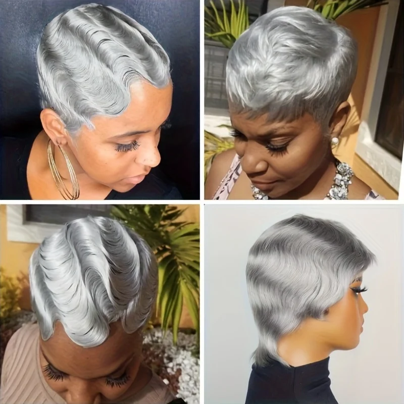 رمادي اللون باروكة من شعر طبيعي الطبقات عابث قطع شعر مستعار مع الانفجارات قصيرة غريب شعر بشري مجعد كامل آلة شعر مستعار للنساء مريحة #4
