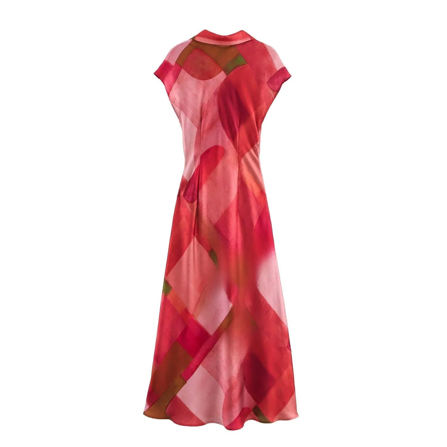 패셔너블한 기하학적 프린트 실크 새틴 느낌 여성 드레스 미디 길이 민소매 브이넥 캐주얼 스타일 여름 시즌