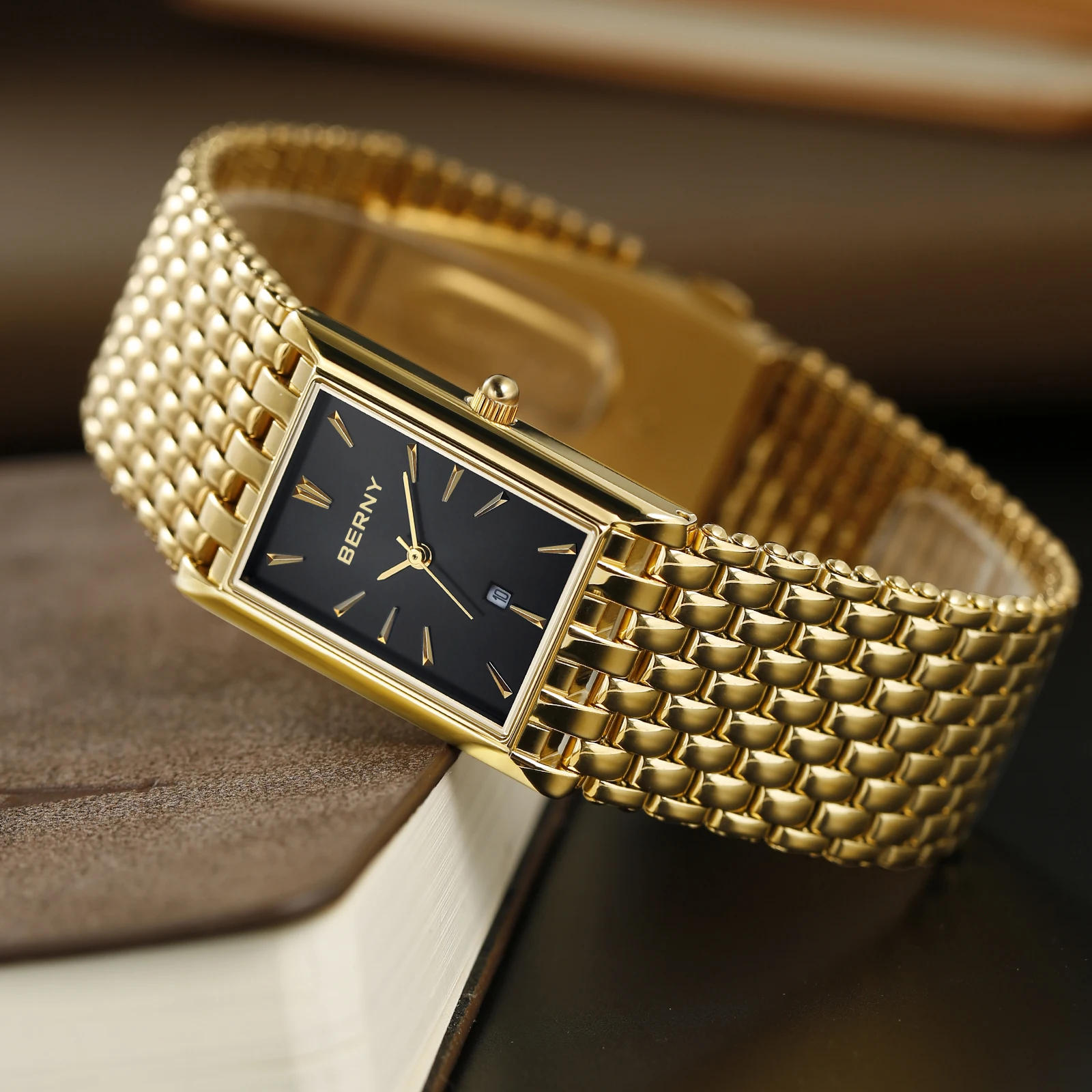 BERNY-reloj cuadrado de cuarzo para hombre, cronógrafo de pulsera, resistente al agua, 3ATM, de acero inoxidable, dorado, 2022 reloj hombre