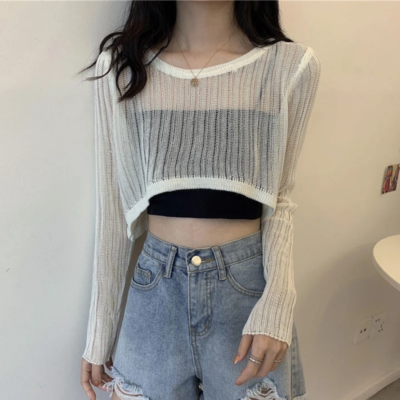 Hollow Out T Shirts Women Korean O Neck Loose Sunscreen Fashion All Match Tees Summer Long Sleeve Solid Thin Crop Tops