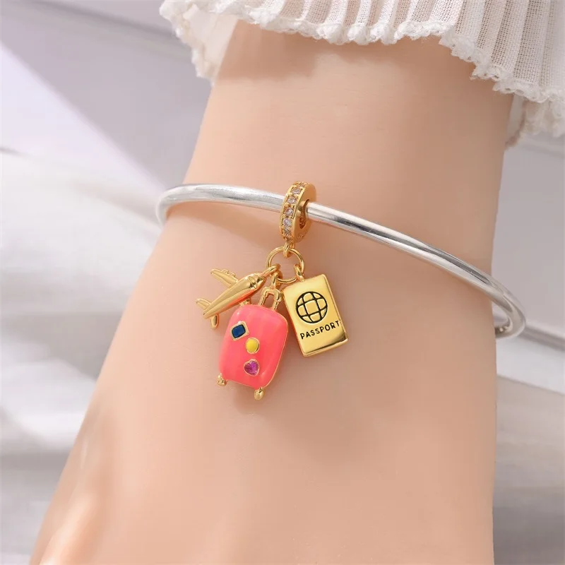 

925 Sterling Silver Suitcase Airplane Passport Three-Piece Set Charms Bead CZ Zircon Dangle Fit Original Bracelet Women Jewelry