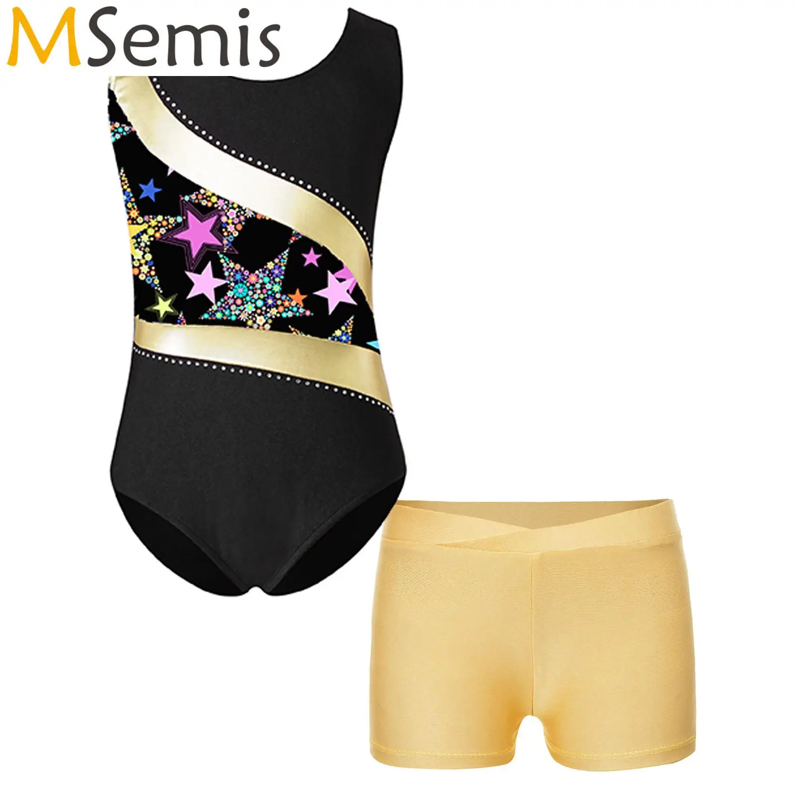 

Kids Girls Gymnastics Ballet Dance Set Figure Skating Costume Printed Rhinestones Adorned Leotard with V-front Waistband Shorts