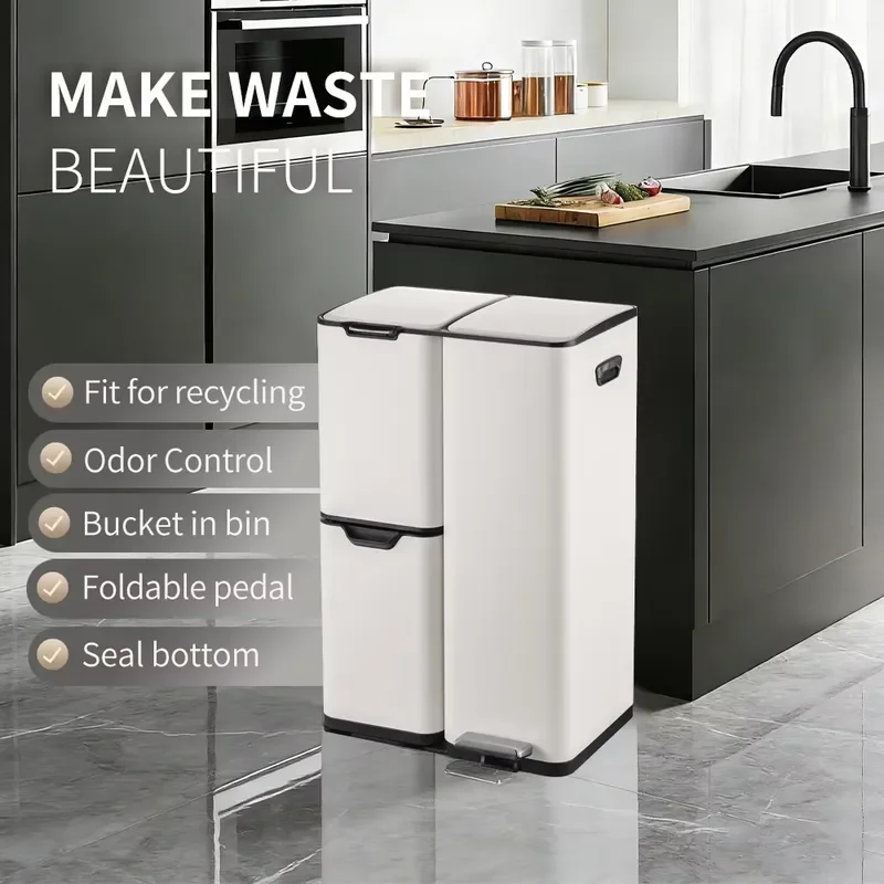 for 60L Large Capacity 3 Compartment Stainless Steel Kitchen Recycling Trash Can with Button and Foot Pedal
