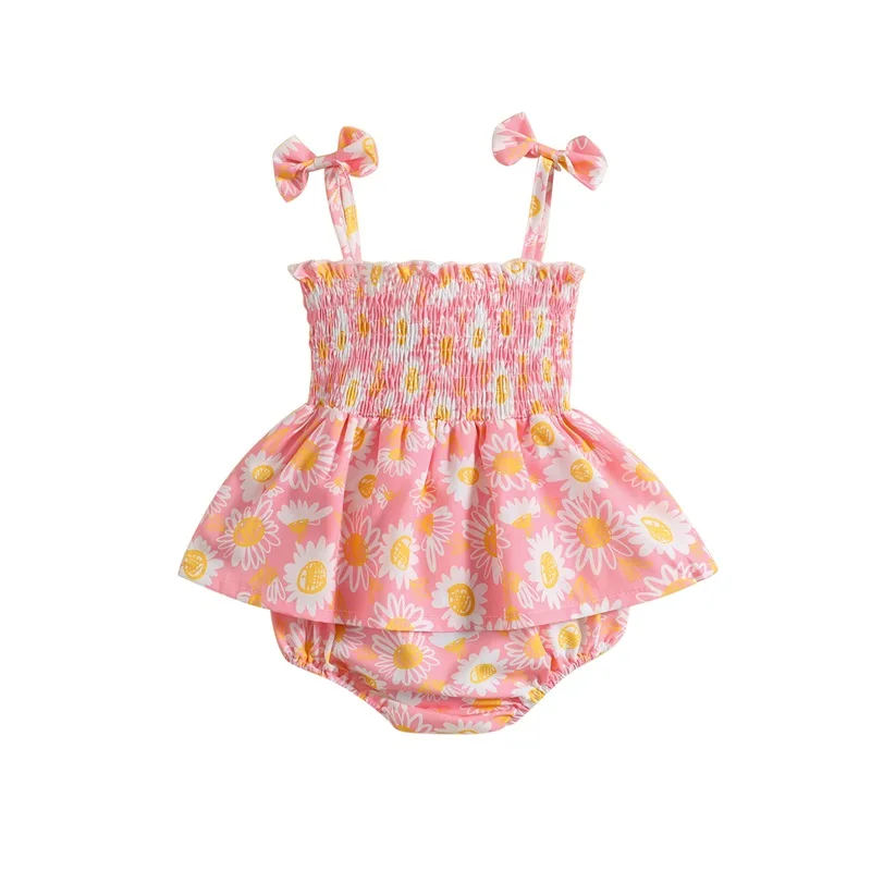 

Baby Girls Rompers Dress Sunflower Print Sleeveless Bowknot Straps Layered Skirt Hem Toddler Clothes Infant Bodysuits