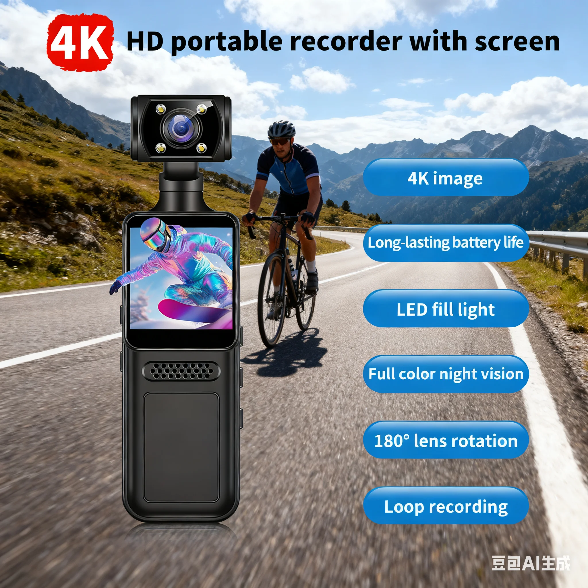 4K مسجل ركوب الدراجات المحمولة جهاز إنفاذ القانون كاميرا الجيب المحمولة لكاميرا الجسم كليب مع تسجيل الصوت والحلقة