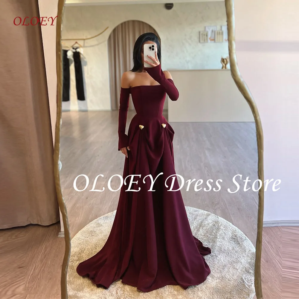 OLOEY Elegant Off Shoulder Evening Dresses Long Sleeves Soft Satin Wine red formal Party Dress Vestido de fiesta Customized