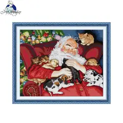 Joy Sunday Cross Stitch Kit Santa Claus And Pets HD Pattern Printed Counted Fabric Aida 16/14/11CT DIY Embroidery Kit With Gift