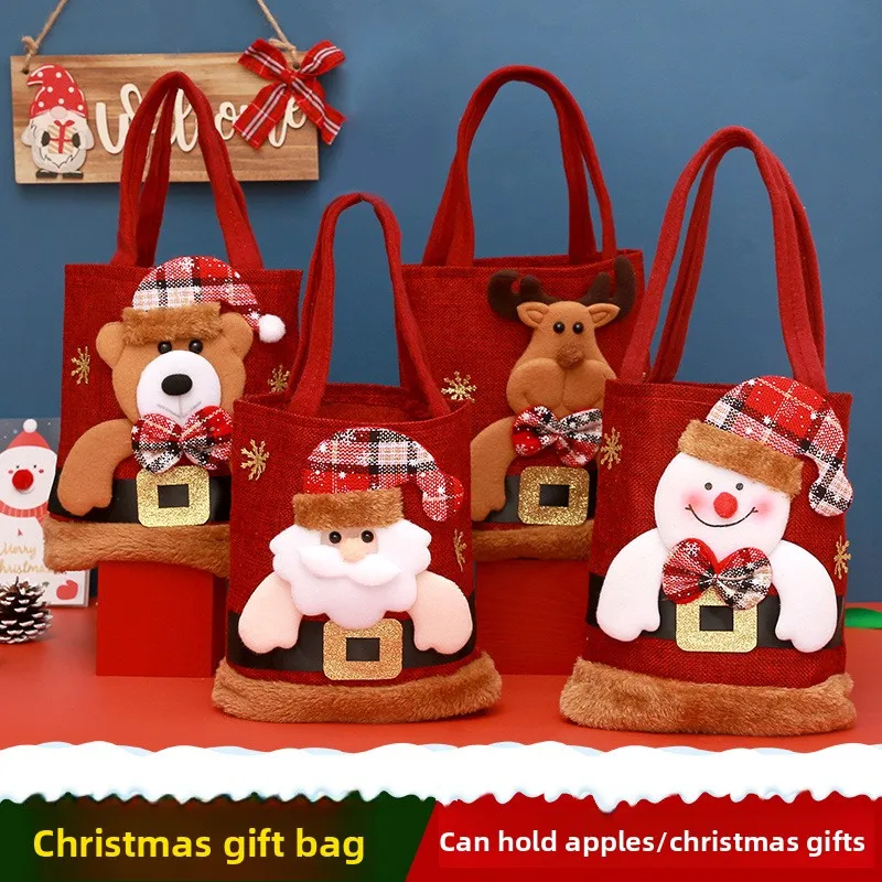 

2025Christmas Gift Bag Linen Cloth New Year Children's Candy Handbag Christmas Eve Apple Storage Bag Xmas Santa Claus