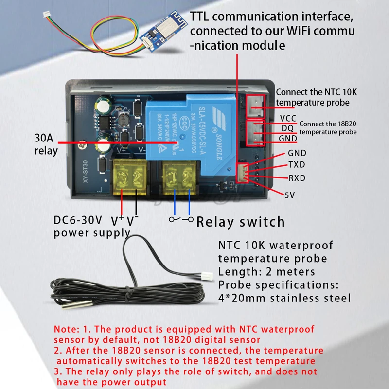 10A/30A Remote WIFI Thermostat Temperature Controller Module Refrigeration Heating APP Timing Work DC6-30V