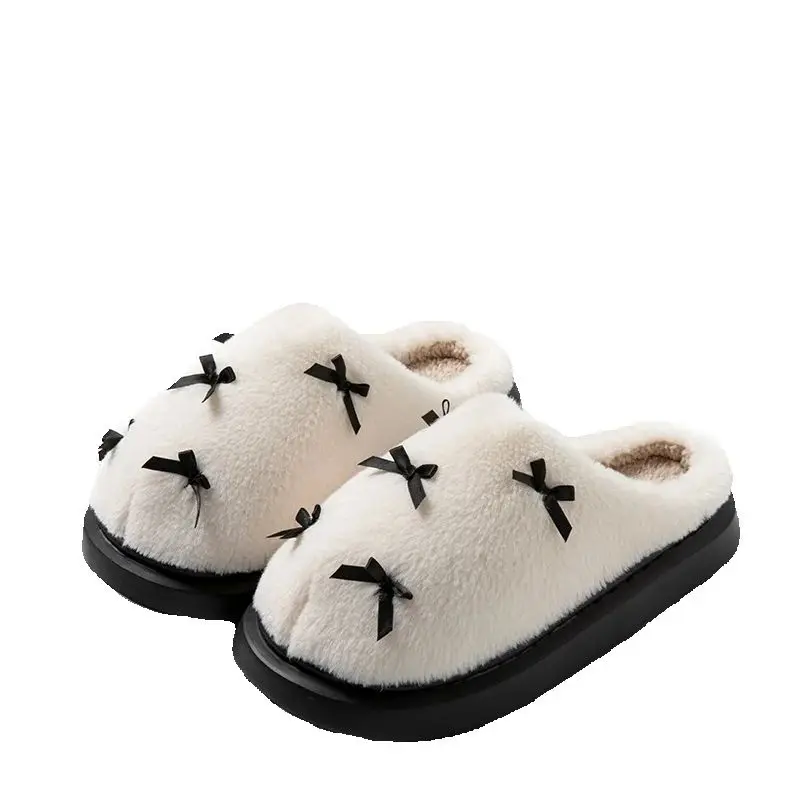 Mode frauen Bogen Hausschuhe Winter Indoor Hause Warme Non-Slip EVA Dicken Boden Paare Schuhe Plüsch Weiche Sohle haus Rutschen