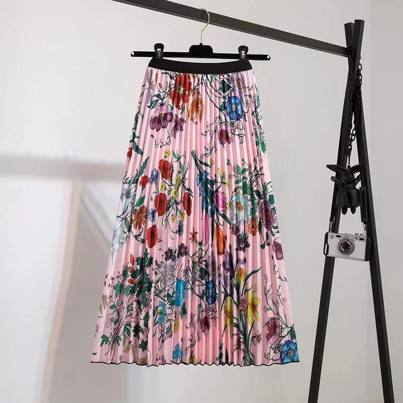 Women's Spring Summer Floral Pleated Long Skirt Leopard Striped Color Block A-line Calf Length Chiffon Skirts