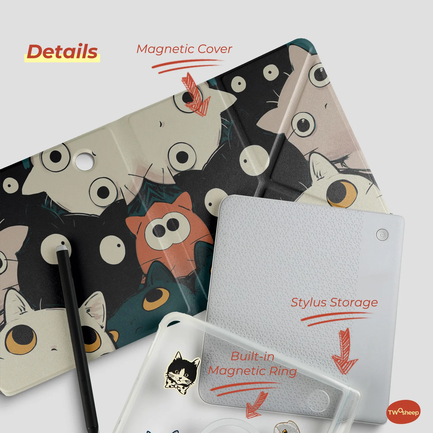 Twosheep Urocza Ilustracja Magnetyczne Etui Odczepiane Pasujące do Kobo Libra Colour, Kobo Libra2 z Uchwytem na Pióro, Akrylowa Podstawka, Przezroczysta Obudowa — zdjęcie produktu 4