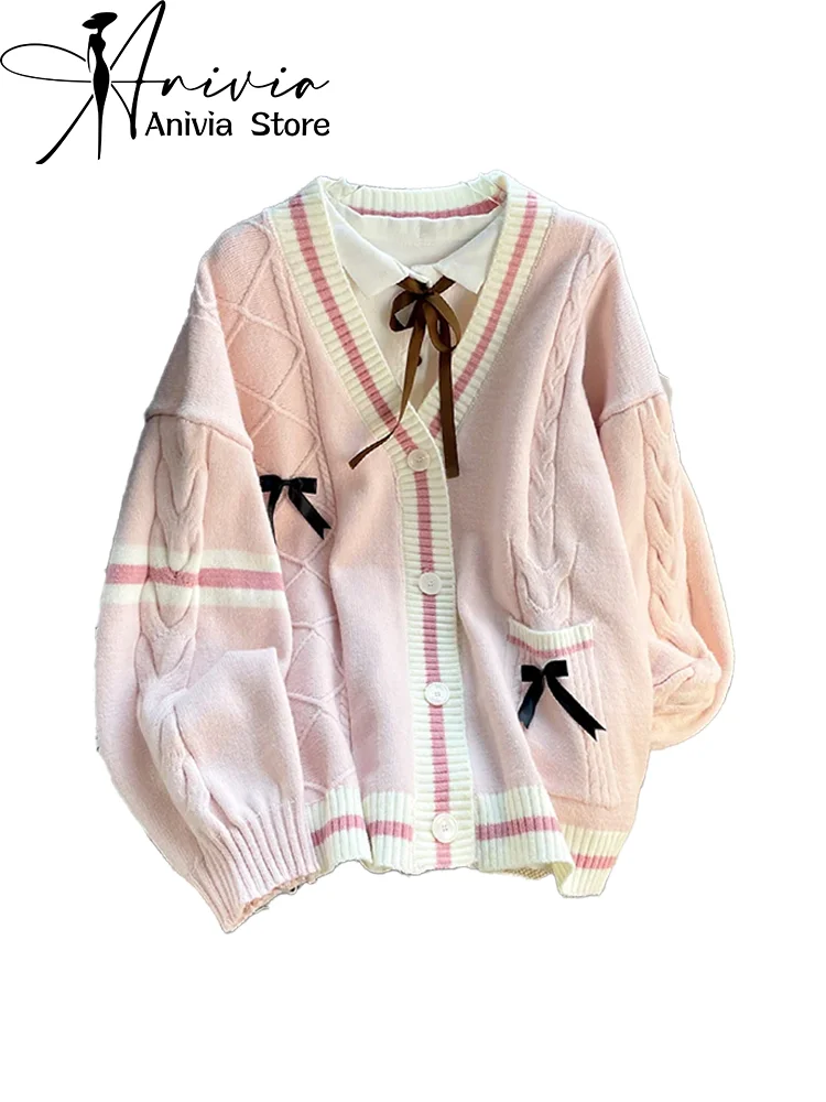 Women\'s Pink V-Neck Cardigan Knit Sweater Harajuku Y2k Kawaii Long Sleeves Bow Sweater Vintage 90s 2000s Aesthetic Clothes 2024