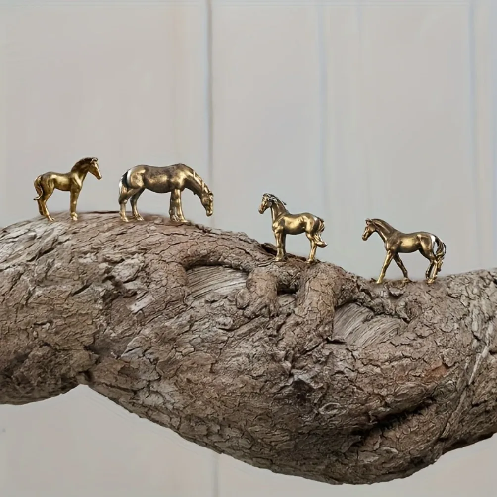 Miniature Antique Brass Long Tail Horse Figurines Feng Shui Ornament Copper Zodiac Animal Mini Desktop Crafts Home Decor