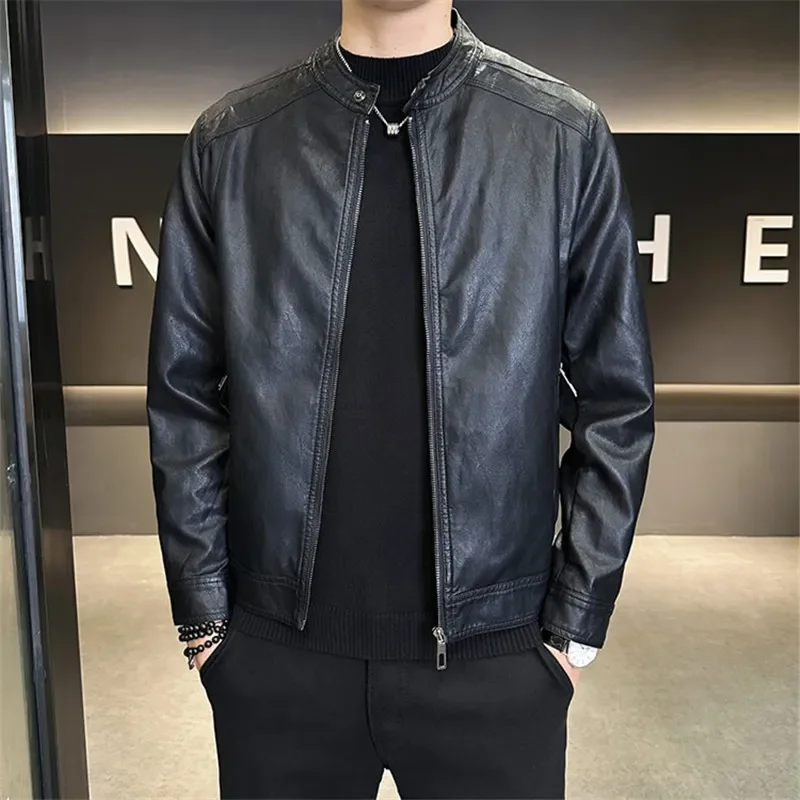 

LIBIELIY Leather Jacket Coat Men Spring Autumn O-Neck Slim Fit Casual Leather Jackets Male Fashion Moto Biker Solid PU Outwear C