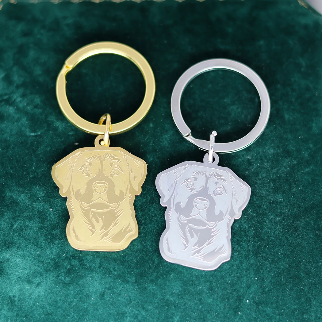 No Fade Gold Plated Rottweiler Dog Keychain Stainless Steel Pendant Waterproof Metal Accessories Cartoon Pet Jewelry Kids Gifts