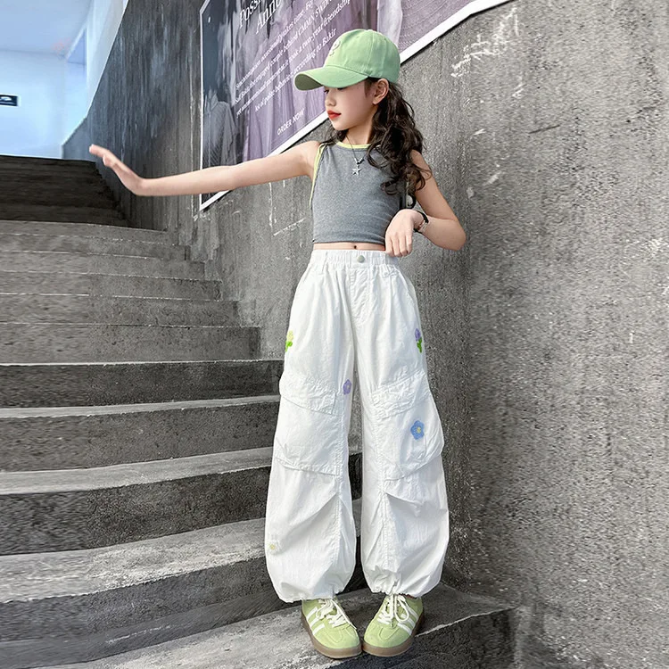 2026 Summer Girls Cargo Pants Trendy Loose Wide Leg Casual Pants for Teen Kids Fashion Streetwear Thin Daily Versatile Trousers