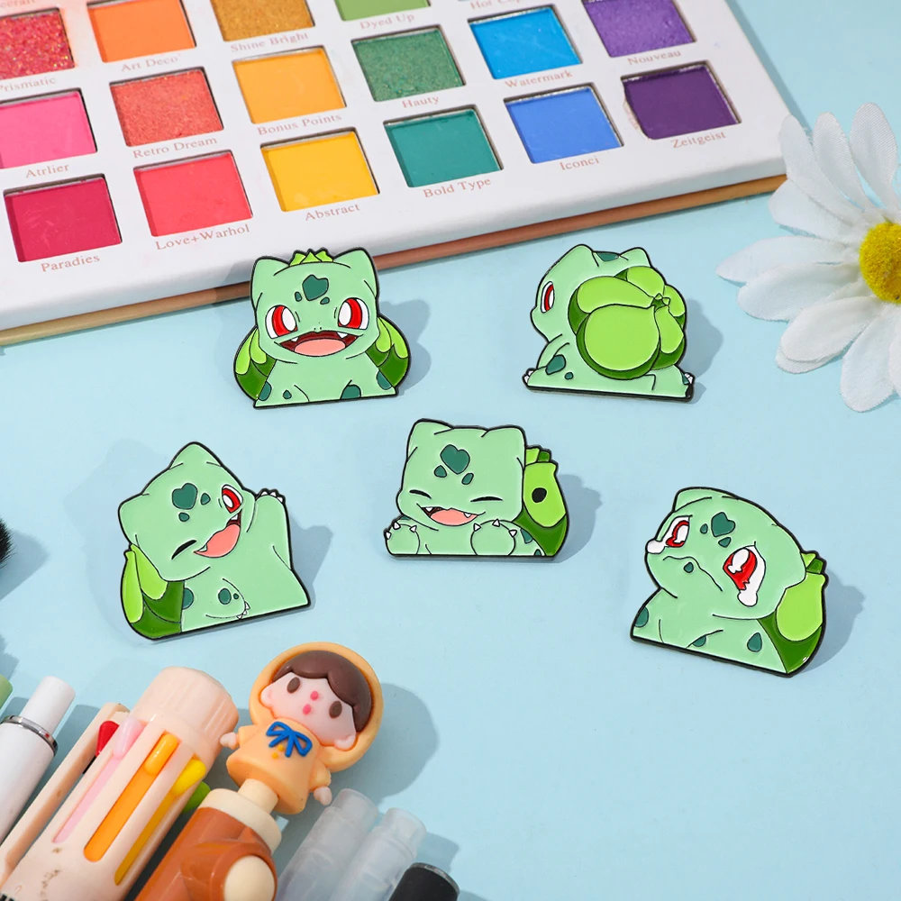 Bulbasaur Inspired Enamel Lapel Pins, Cute Green Spotted Bulb Back Cartoon Monster Metal Brooches, Hard Alloy Decor Badges view 4