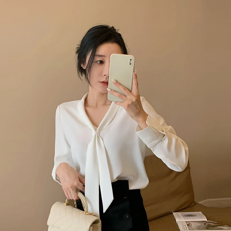 

Ruu Home White Sa Chiffon irt Women's 2025 New Commute Ele Design High-End Top OL Sle Straight Tube Long Sve V...