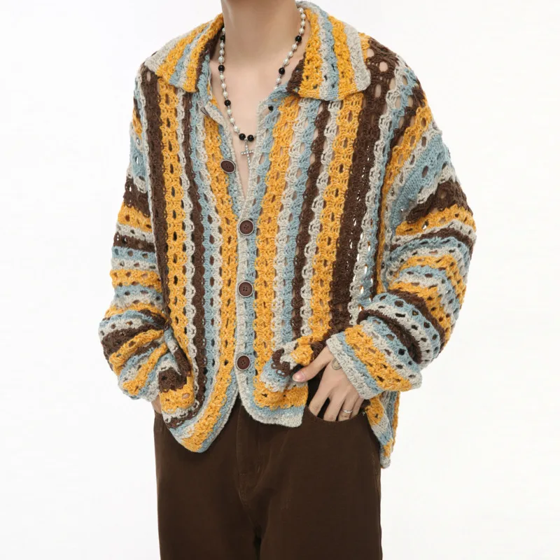 SYUHGFA Korean Style Men's Cardigan Striped Contract Color Hollow Out Knitting Clothing Loose Male Sweater Simple 2024 Autumn