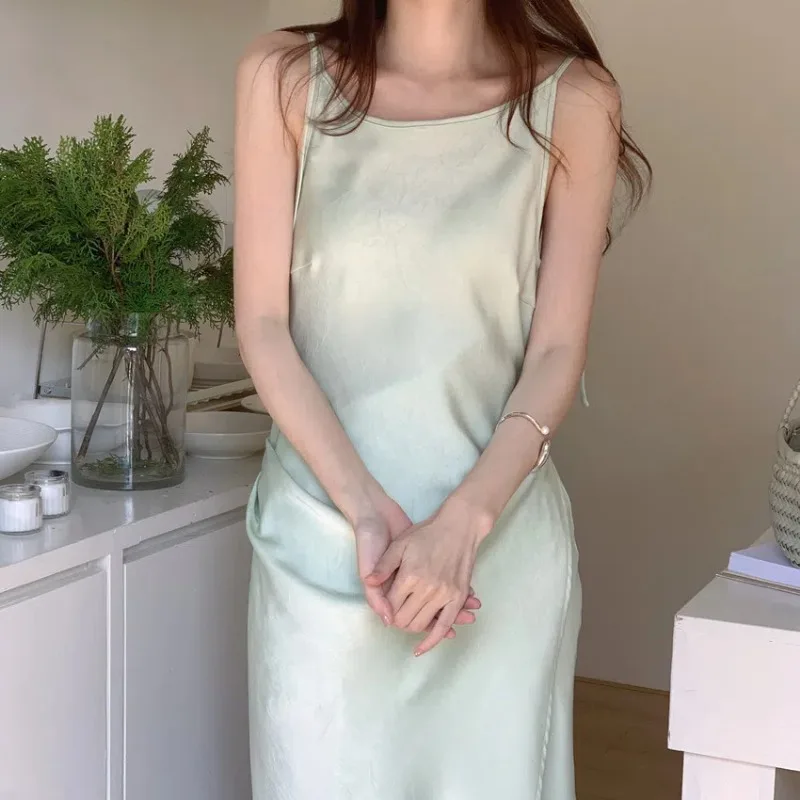 Texture Satin Sleeveless Sling Bandage Long Dress Women Summer High-fashion Edge Slim Waist Spaghetti Strap Sundress Female 2025