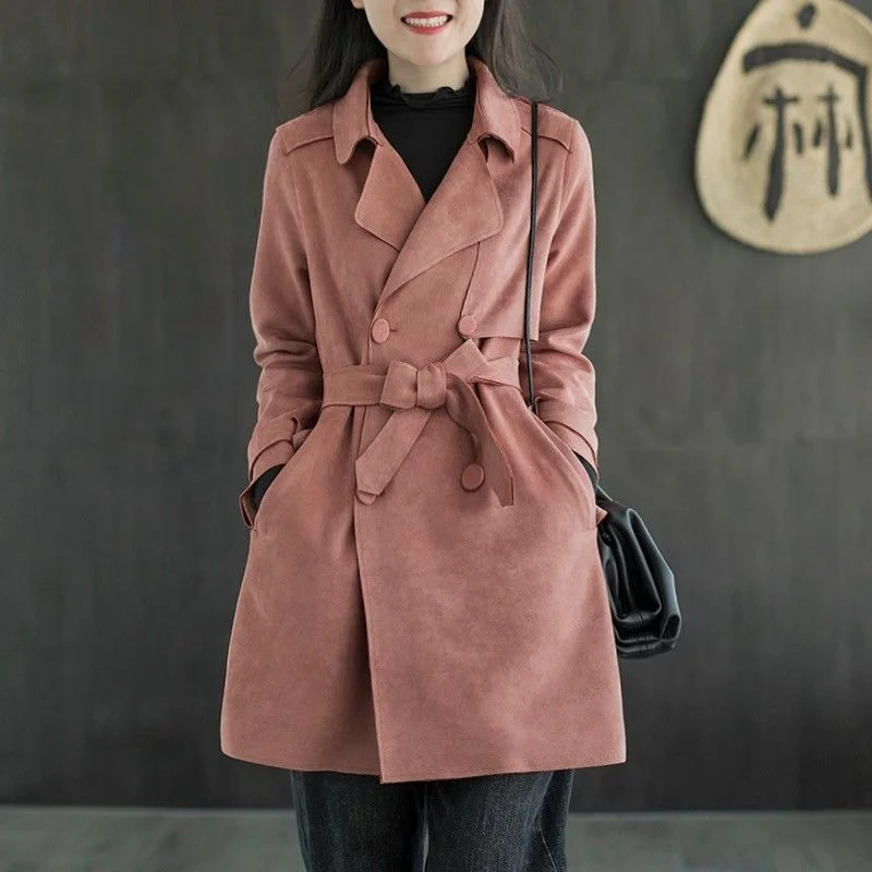 

Autumn Trench Coat Women Suede Blazer Collar Vintage Loose Fit Long Jacket New Casual Fashion Retro Style Outerwear Tops