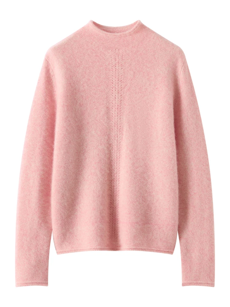 

100% Cashmere Long Sleeves Comfort Knitted Hollow Out Mock Neck Pullover Sweater Autumn Winter Warm Soft Women's Clothing Tops