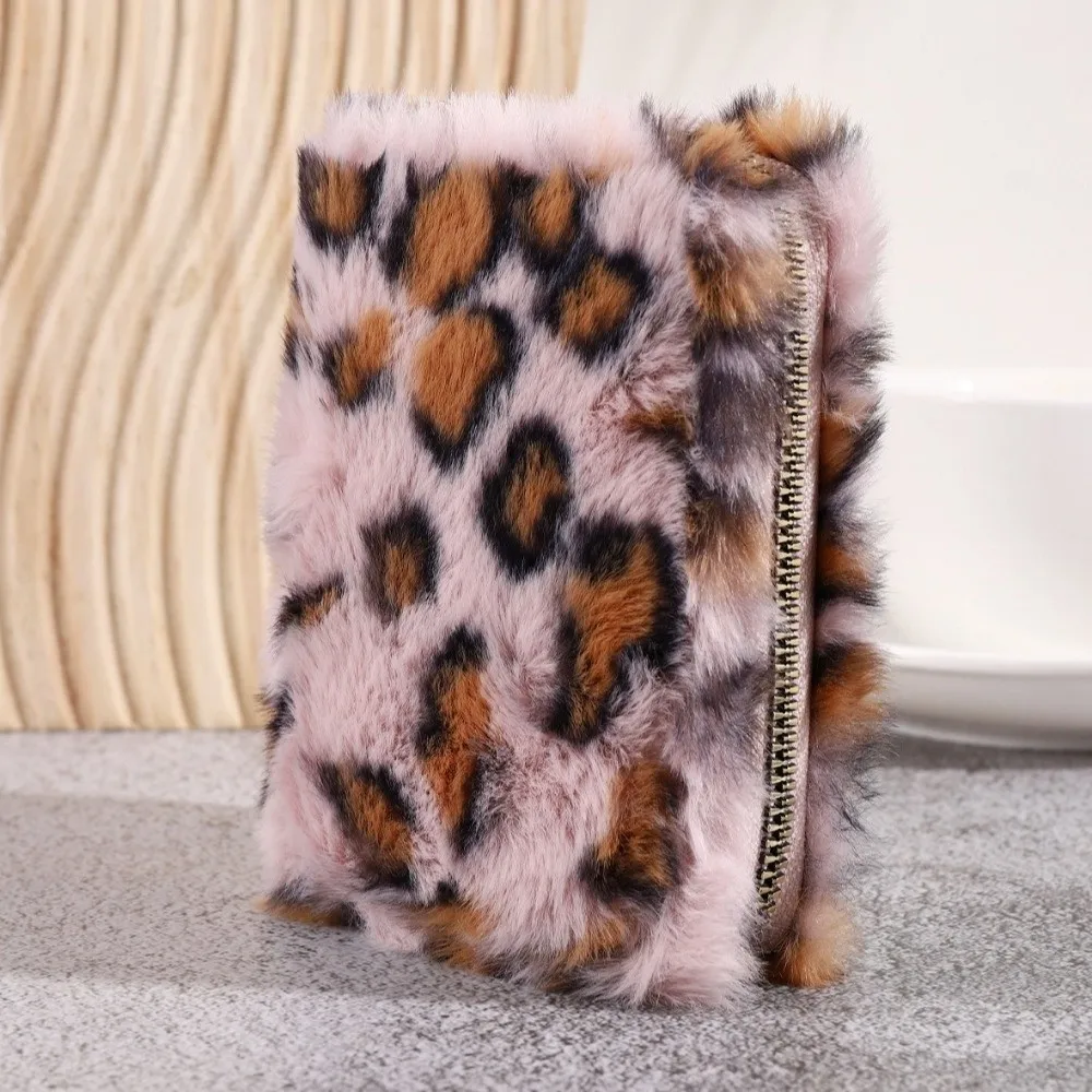 Furry Leopard Print Coin Purse Large Capacity Multi-Card Slot Short Card Holder Soft Travel Organizer Storage Bag Cosmetic