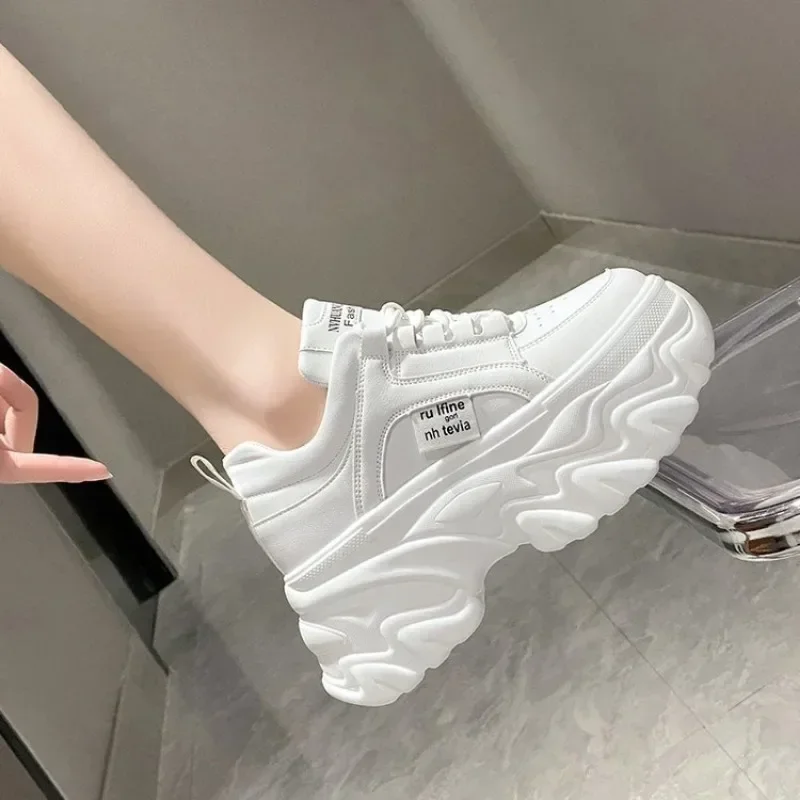 Women Solid Color Versatile Height Increased Shoes  Black White Casual Sports Shoes Lace Up Thick Sole Shoes Breathable Low Shoe