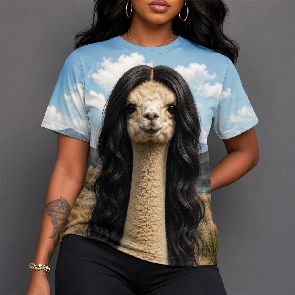 Funny Animal Hairstyle Print T Shirt Men Women Giraffe Cow Alpaca Camel Zebra Flamingo Design Fun Daily Casual Hip Hop Tee Shirt