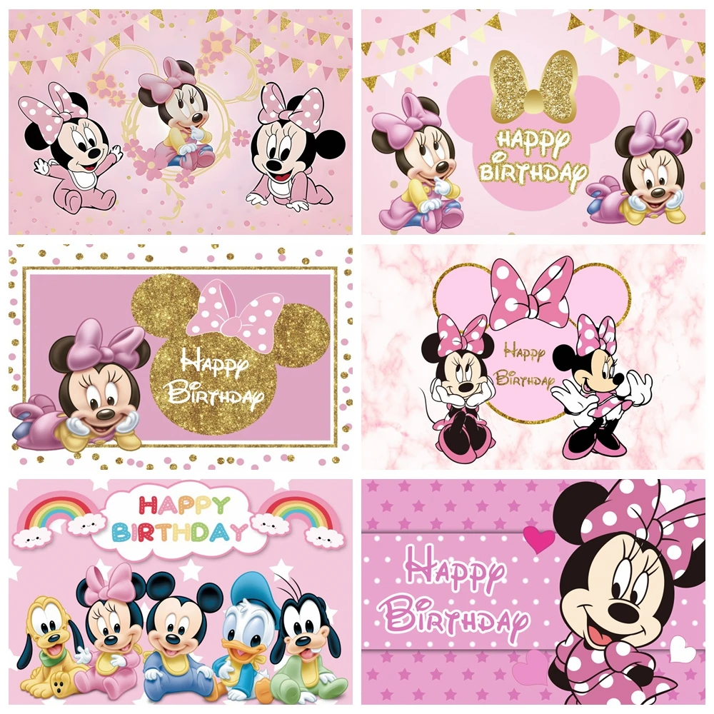 Fondo de dibujos animados de Disney para niñas, pajarita de género rosa de Minnie y Mickey Mouse, pancarta personalizada para fiesta de cumpleaños y