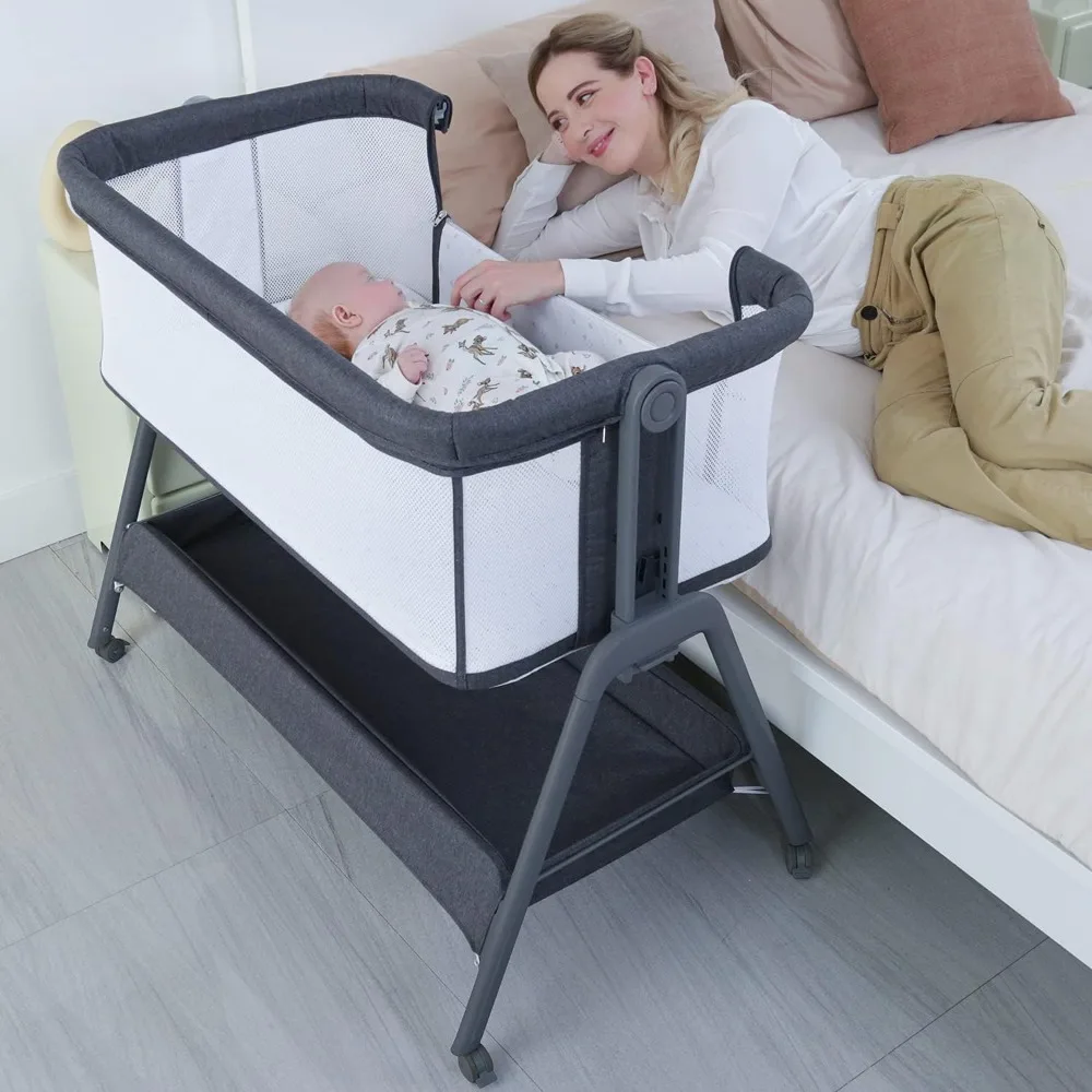 

Baby Bassinet Bedside Crib with Storage Basket and Wheels, Easy Folding Bed Side Sleeper Adjustable Height Portable Crib