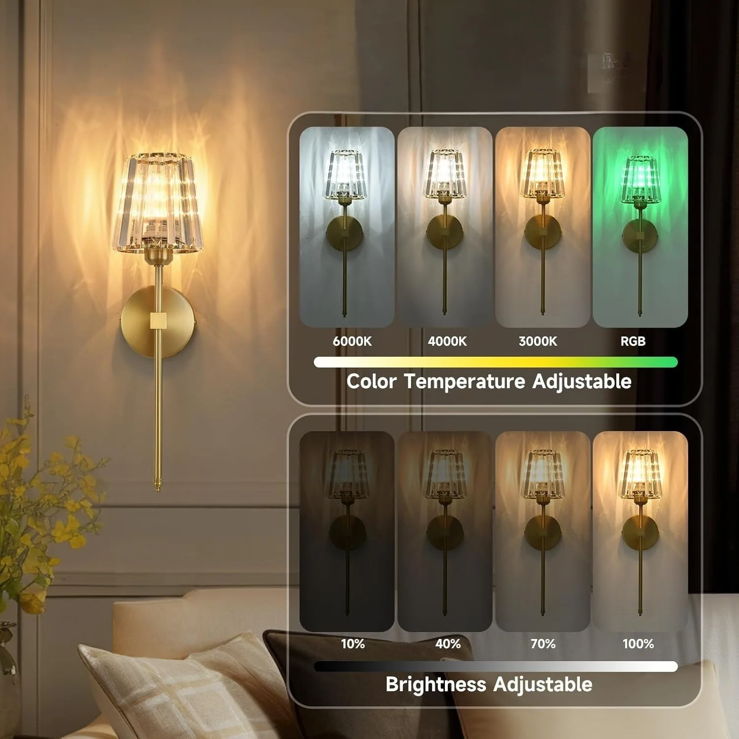 Wireless Rechargeable Battery-Powered Wall Lamp, RGB Remote Control & Timer, Crystal Wall Sconce for Bedroom Headboard