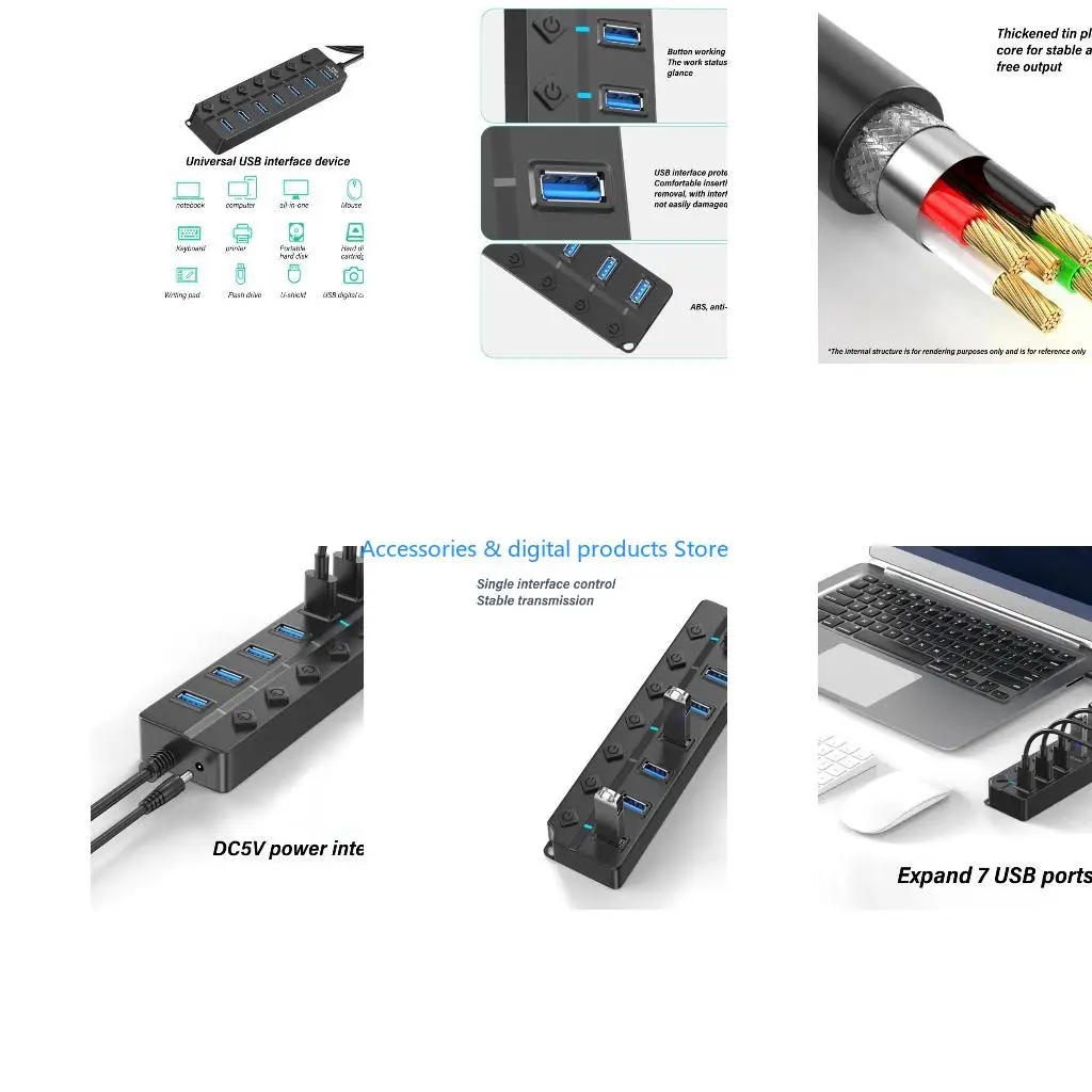 77JD MultiDevice Connection USB 2.0 Hub with Seven Port and Lights for PC