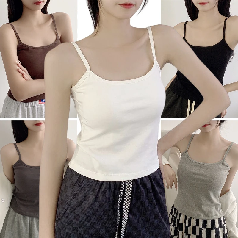 1PC Women's Cotton Solid Color Sleeveless Slim Camisole with Chest Pad Lady's Camisole Girl Basic T-shirt Vest Lingerie Summer