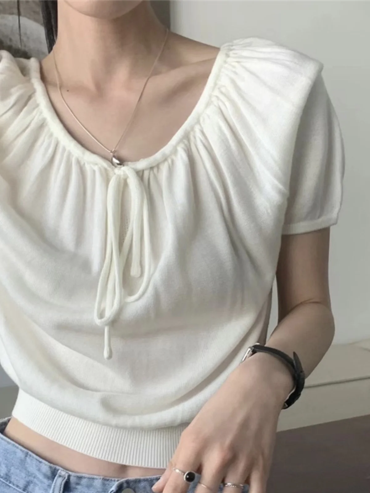 Chic Spring Summer Women's Knitted Short Sleeve Top with Drawstring Collar Korean Style Straight Cut Bubble Sleeve Nylon Fabric