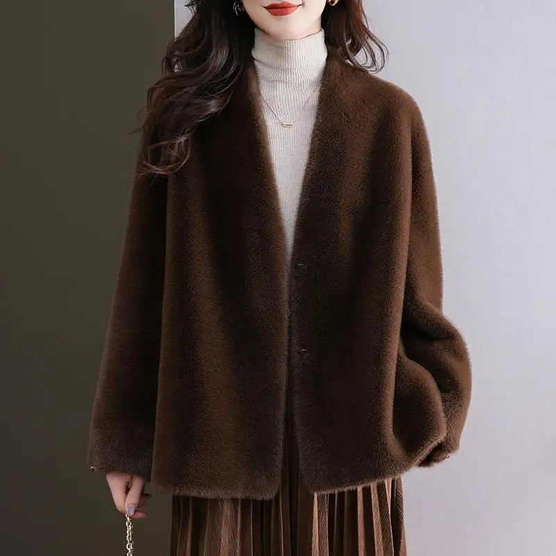 

Autumn Winter Thiened Ladies' Fur Coat Asymmetric 3D Effect Warmth Long Sve V-Ne Whole Skin Leather Outerwear